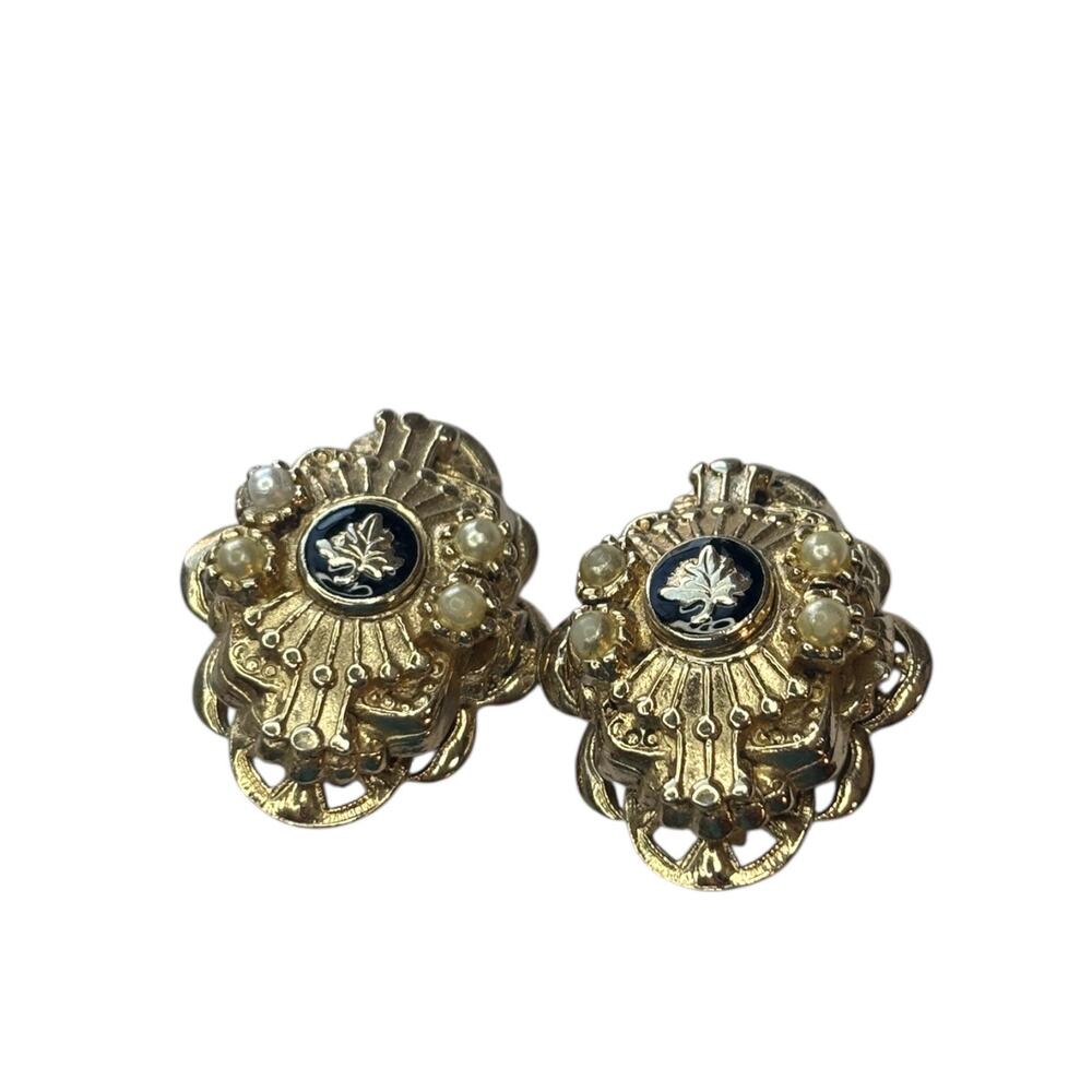 Vintage 1950s Cameo Clip Earrings Faux Pearl Gold Tone Victorian Revival Ornate
